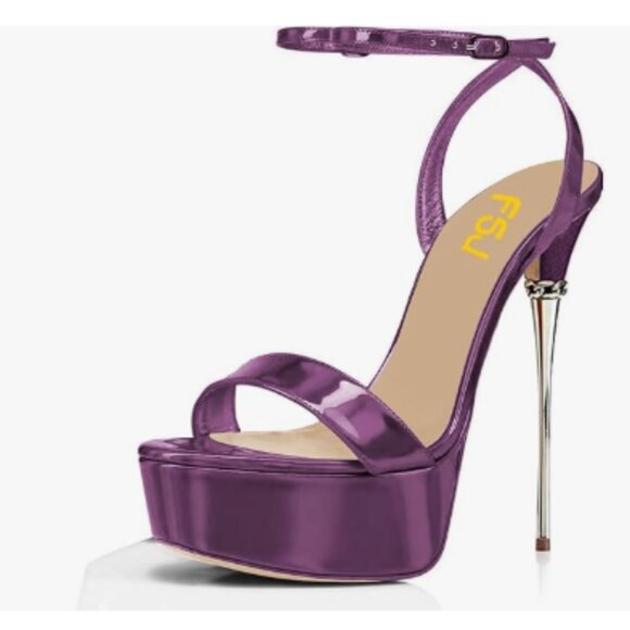 FSJ Purple Strappy Open Toe Platform Sandals Ankle Strap High Metallic Heel Shoe - Picture 1 of 8